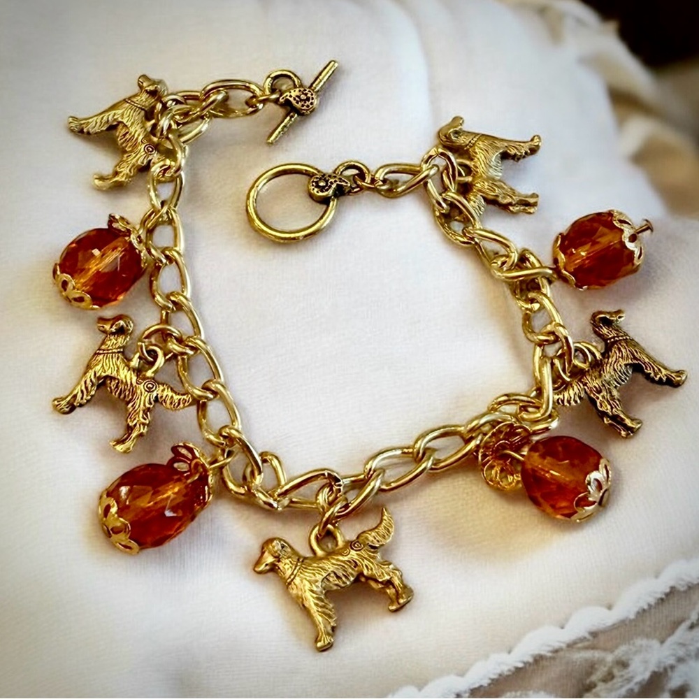 Vintage Gold Charm Bracelet Dogs Amber Beads Toggle Clasp Whimsical Equestrian